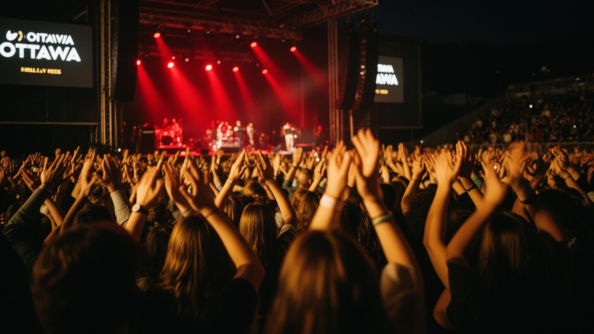Live event audience with raised hands and red stage lighting